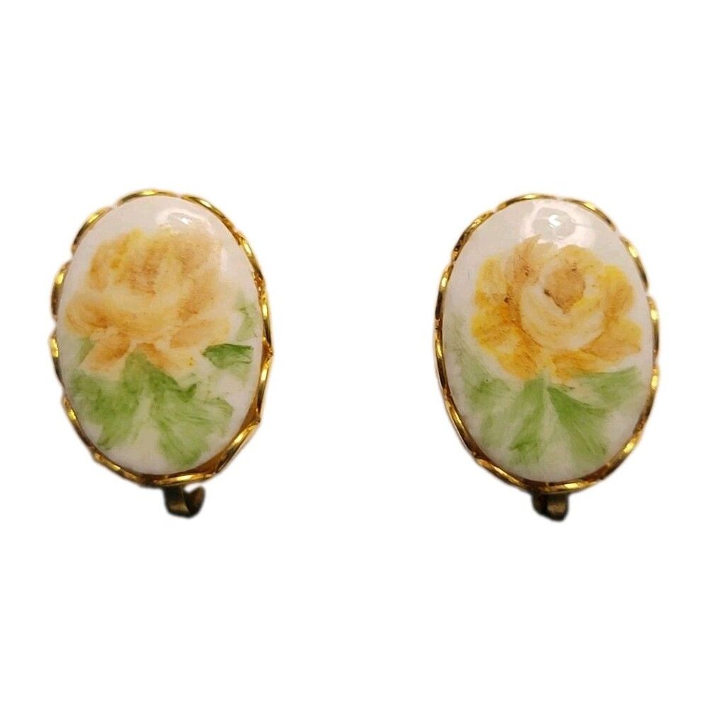 Vintage Clip On Gold Tone Handpainted Rose Enamel Earrings Cottage Dainty Twee